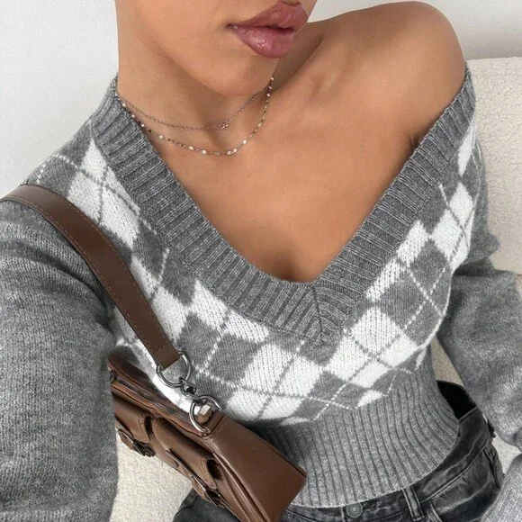 Multicolor Casual Women's Argyle Pattern V-Neck Slim Fit Crop Pullover - Picture 5 of 7